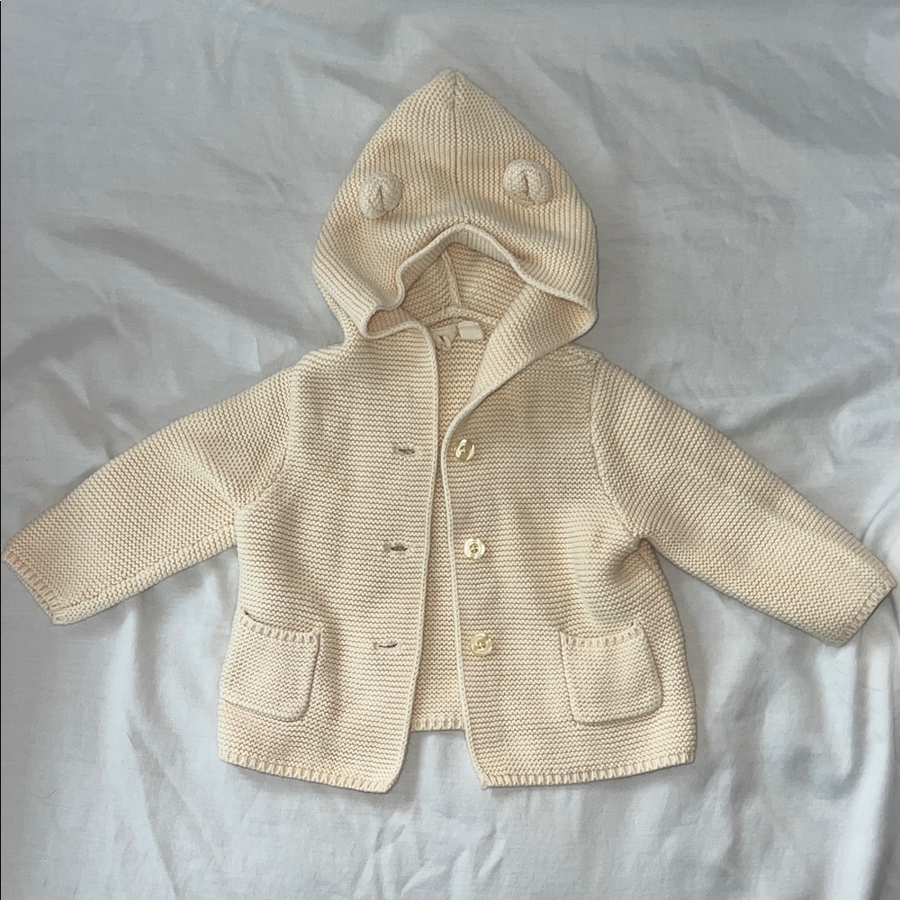 GAP Baby Cream Knit Baby Hoodie Jacket with Bear Hood 6-12M